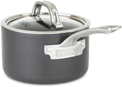 Viking Non Stick Sauce Pan with Glass Lid, 1 Quart Hard Anodized Nonstick Saucepan Cooking Pot, Dishwasher and Oven Safe, Induction Ready, Gray