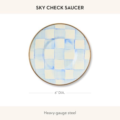 MACKENZIE-CHILDS Enamel Saucer, Black-and-White Courtly Check | Hand-painted design, made from enameled steel, small plate for a coffee cup or teacup, 6" dia.