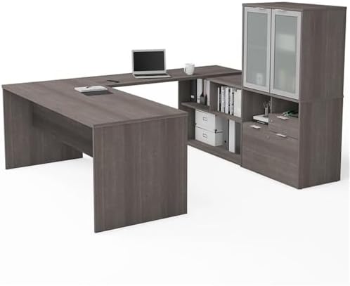 Bestar i3 Plus 72W U-Shaped Executive Desk with Frosted Glass Doors Hutch in bark Grey