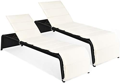 Tangkula Outdoor Chaise Lounge Chair, 5-Position Adjustable Rattan Recliner Chair w/Cushioned Seating and Adjustable Feet