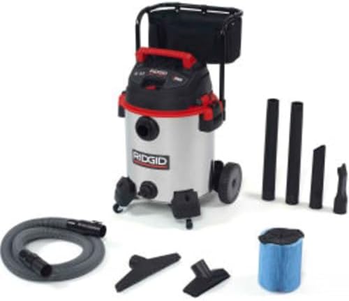 RIDGID 50353 1610RV Stainless Steel 16-Gal. Wet Dry Shop Vacuum with Cart, 6.5 Peak HP Motor, Large Wheels, Pro Hose, Drain, and Blower Port, Red