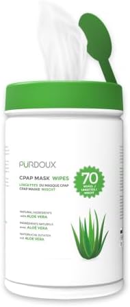 PURDOUX 100% Cotton CPAP Mask Wipes Canister Unscented with Aloe Vera (70 wipes) - CPAP Supplies, CPAP Accessories, CPAP Cleaning Supplies for CPAP Machine | Aloe Vera Infused, Alcohol Free, Silicone Safe, Removes Dirt & Facial Oils, Gentle Cleaning, CPA…