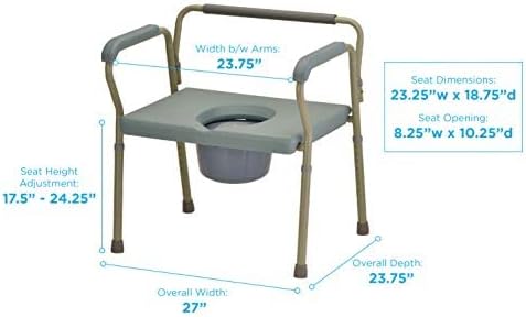 NOVA Heavy Duty Bedside Commode, Extra Wide Seat, 500 lb. Weight Capacity, Seat Height Adjustable, Stand Alone or Over Toilet Bariatric Commode, Grey
