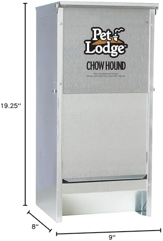 Pet Lodge® Automatic Dog Feeder | Chow Hound Outdoor Pet Feeder | Tough Galvanized Steel | Made in USA (25 lb) | Easy Access Magnetized Door and Angled Chute for Dogs, Silver, 1 Pack