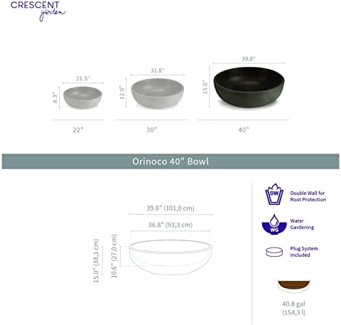 Crescent Garden Orinoco Planter Bowl – Double-Walled Resin Pot for Succulents, Flowers Without Drain Hole - 21" W x 8.25" H (Weathered Concrete)