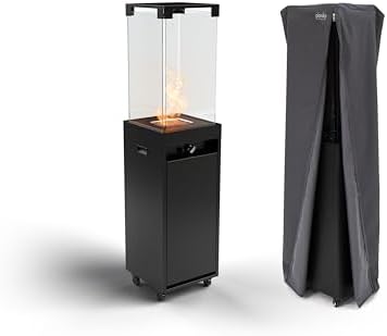 Planika Faro 41, 000 BTU Propane Patio Heater 59" Modern Freestanding Glass Tower with Wheels, Smokeless 360° Flame
