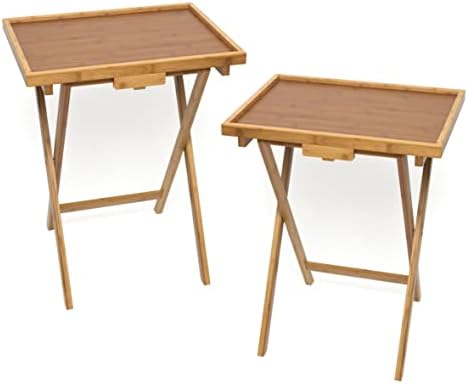 Lipper International Bamboo Wood Lipped Folding Snack Table Trays for Kitchen, Home, Office and Playroom, Set of 2