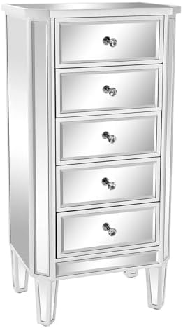 VINGLI Mirrored Dresser 5 Drawers Modern Chest, Mirrored Chest of Drawers, Glass Dresser for Living Room, Silver