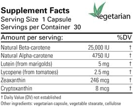 Karuna Mixed Carotenoids | 30 Vegetarian Capsules | Alpha- and beta-carotenes, Lutein 5mg, lycopene 2.5mg, zeaxanthin 246mcg