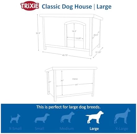 Trixie Natura Classic Dog House - Wooden Outdoor Shelter with Weatherproof Sealer, Hinged Roof & Adjustable Legs for Medium Dogs - Gray - 27 x 41 x 28.5 in