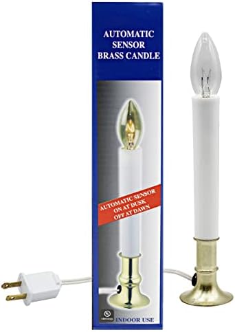 Creative Hobbies Electric Window Candle Lamp with Brass Plated Base, Dusk to Dawn Sensor Turns Candle on in Dark and Off in Light, Ready to Use!
