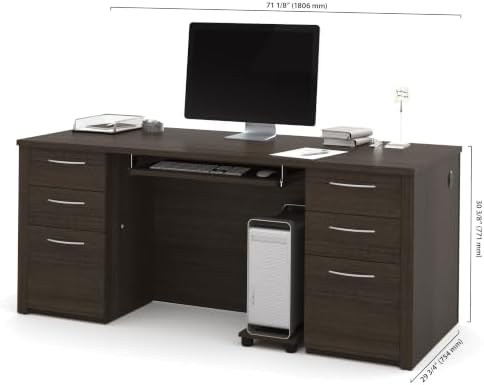 Bestar Executive Desk with Two Pedestals, 72W, Dark Chocolate, Embassy, 72W | With Two Pedestals, with Desk Shell, Keyboard Tray, CPU Stand