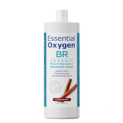 Essential Oxygen Certified BR Organic Brushing Rinse, All Natural Mouthwash for Whiter Teeth, Fresher Breath, and Happier Gums, Alcohol-Free Oral Care, Peppermint, 16 Ounce, Package may vary