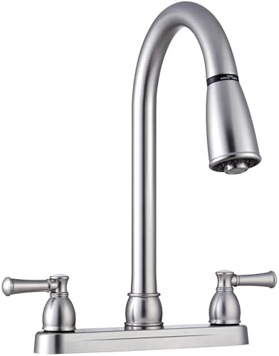 Dura Faucet DF-PK350L-SN RV Pull-Down Kitchen Sink Faucet (Satin Nickel) | Stream-to-spray sprayer with a corrosion-resistant non-metallic build. Brushed Satin Nickel. Plated ABS plastic (not metal).