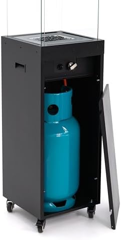 Planika Faro 41, 000 BTU Propane Patio Heater 59" Modern Freestanding Glass Tower with Wheels, Smokeless 360° Flame