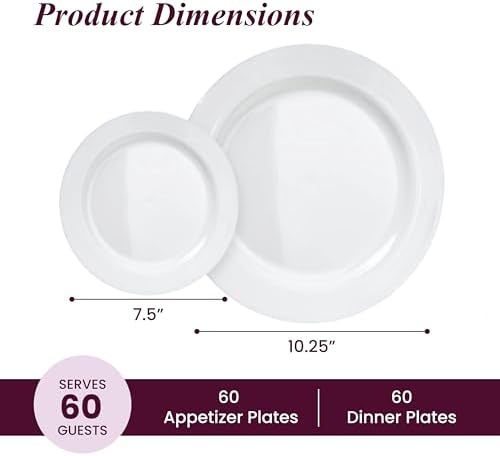 Aya's 60ct Square Plastic Disposable Plates, White - 9.5-Inch 30 Dinner and 6.5-Inch 30 Salad Plates for Party - Heavy-Duty Hard Plastic Design for Wedding, Event, Christmas, and Thanksgiving