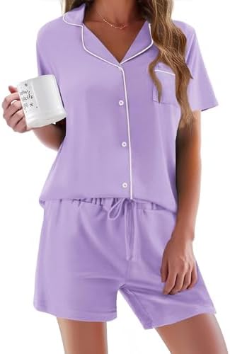 Ekouaer Pajamas Set for Women Short Sleeve Sleepwear Button Down Pj XS-XXXL | Summer 2 Piece Lounge Set, Soft Fabric, Drawstring Waistband, for Bridesmaid Bride Party, Plus Size, Petite, Cute Pattern