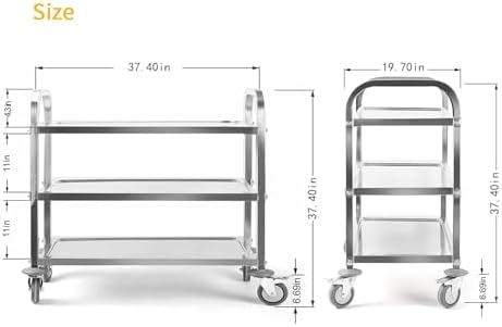 tonchean Extra Large 3 Tier Stainless Steel Cart 37.4 x 19.7 x 37.4 Inch
