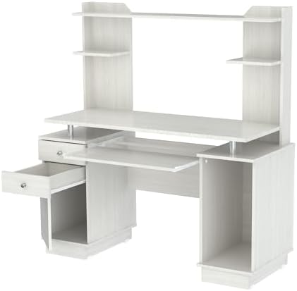 Inval America Computer Work Center with Hutch, Pull-Out Keyboard Tray, Drawers, Desk Workstation, 53.5"H x 48.62"W x 19.5"D, Washed Oak
