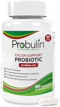 Probulin Colon Support Daily Probiotic + Prebiotic + Support Gut Health, Occasional Gas and Bloating - 20 Billion CFU - 12 Strains, 30 Vegan Capsules
