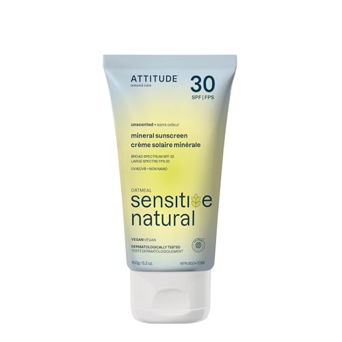 ATTITUDE Mineral Sunscreen for Sensitive Skin, EWG Verified, Broad Spectrum UVA/UVB, Dermatologically Tested, Plant and Mineral-Based Formula, Vegan