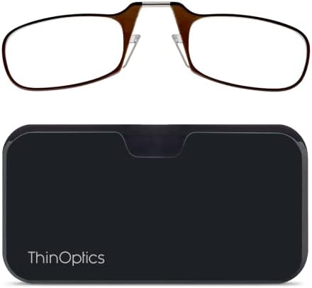 ThinOptics unisex-adult Reading Glasses + Black Universal Pod Case | Brown Frames, 1.50 Strength Readers Brown Frames / Black Case, 44 mm