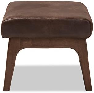 Baxton Studio Birk Mid-Century Modern Walnut Wood Dark Brown Distressed Faux Leather Ottoman