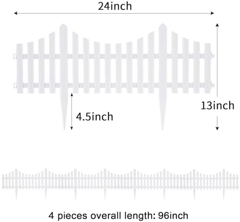 Sungmor Lightweight & Flexible Plastic White Edging Garden Picket Fence, Pack of 4 (One Piece L:24in, W:0.3in, H:13in) Above Ground Height 9.5in