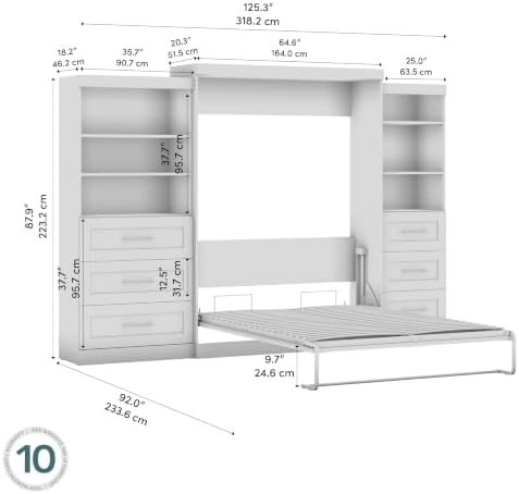 Bestar Pur Queen Murphy Bed and 2 Shelving Units with Drawers, 126-inch Space-Saving Wall Bed | 2 Shelving Units with Drawers, supports up to 1000 lb