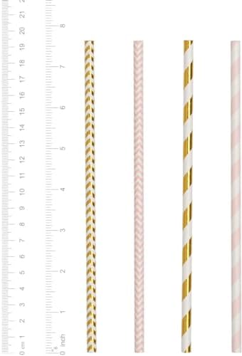 GUSTO [200 Pack] light Pink & Gold Paper Straws Disposable, 100% Biodegradable Multi-Pattern Party Straws For Birthday