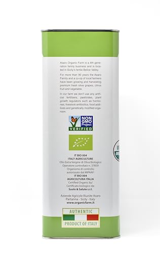 Asaro Organic Extra Virgin Olive Oil 5L Tin - Perfect for Cooking - Cold Pressed from Sicily - Vegan - Rich Fruity Flavor - 169.07 Fl Oz