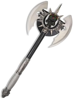 BladesUSA – Fantasy Axe – Full Size Fantasy Medieval Battle Axe, Dual Blades and 11 Steel Spikes Around Center Skull. Wire Wrapped Handle