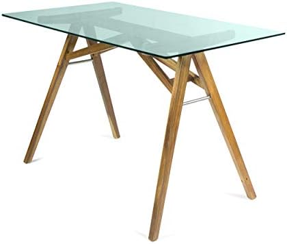 Christopher Knight Home Camila Mid-Century Tempered Glass Desk with Acacia Wood Frame, Dusk Grey / Natural Stained