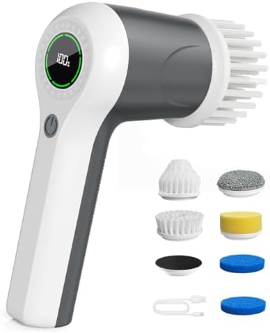 PUFTEM Electric Spin Scrubber, Cordless Shower Scrubber | Battery Level Display, Dual Speed, 6 Replaceable Brush Heads, IPX7 Waterproof, Long Runtime, Tub, Tile & Sink Cleaning