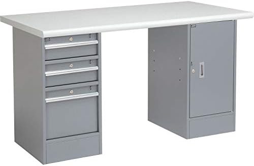 Global Industrial Pedestal Workbench, 3 Drawers & 1 Cabinet, Gray Pedestal | 72"W x 30"D x 33-5/8"H, 1-5/8" Thick Laminate Top with Safety Edge