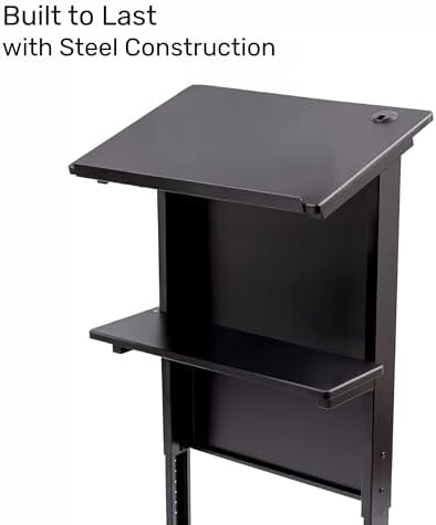Stand Up Adjustable Height Lectern Podium | Rolling Desk with Storage Shelf | Ergonomic Standing Desk Frame for Office, Classroom, Laptop, Teaching, Presentations & More (Dark Walnut)