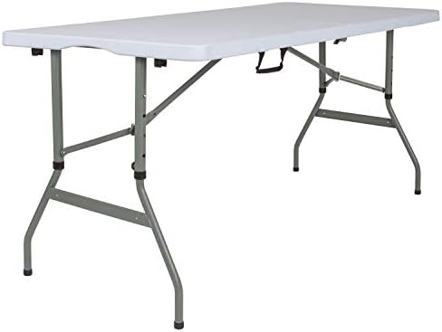 BizChair 5-Foot Height Adjustable Bi-Fold Granite White Plastic Banquet and Event Folding Table with Carrying Handle