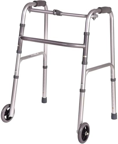 DMI Lightweight Aluminum Folding Walker with Single Release, 5 Inch Wheels, Adjustable Height, No Assembly Needed, Silver, 250 lb Weight Capacity