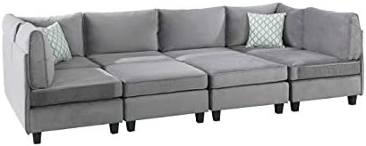 Lilola Home Simona 120-inch Modular Sectional Sofa, Gray Velvet 8-Piece U-Shaped Couch with 2 Ottomans & Accent Pillows