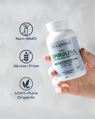 Organic Spirulina Tablets - 120 Tablets | Organic, Non-GMO, No Additives or Fillers - 500mg Premium Quality Dietary Supplement with Vitamins, Minerals, & Antioxidants