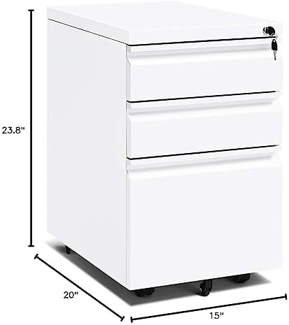 3 Drawer Filing Cabinet with Lock, White Mobile File Cabinet with Wheels, Rolling Small Metal Cabinets Under Desk for Home Office, Assembled
