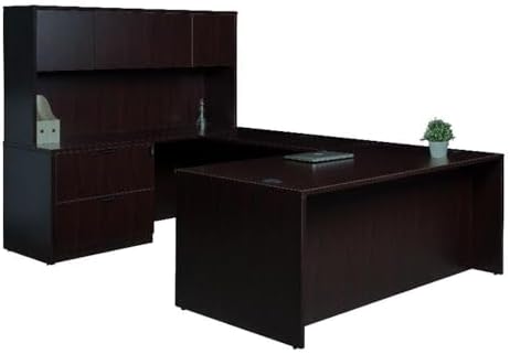 Boss Office Products Holland Executive U-Shape Desk with Lateral File Storage and Hutch, 66", Mocha