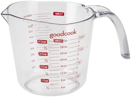GoodCook Everyday 4-Cup Liquid Measuring Cup, Clear Plastic with Easy-to-Read Markings, Tapered Pour Spout, Comfortable Handle, Measures in Cups, Ounces, Pints, and Milliliters