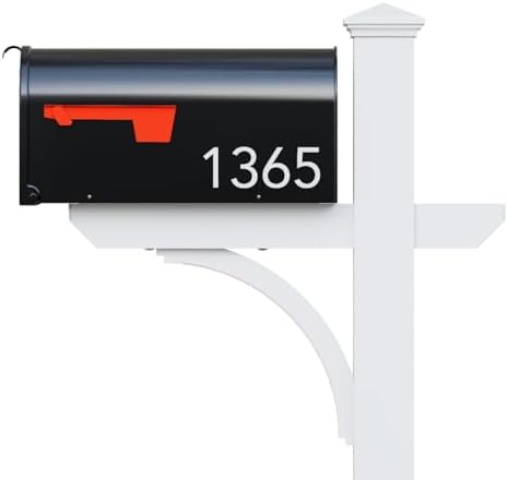 Argonne White Post & Black Mailbox (Large) | Personal curbside mailbox system features a large black aluminum mailbox, sturdy white square post, and custom house numbers.