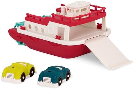 Battat Wonder Wheels Bath Toy Ferry Boat with 2 Cars, Floating Play, Trucks | Pool and bath toy boat with slide-out ramp, wind-up propeller