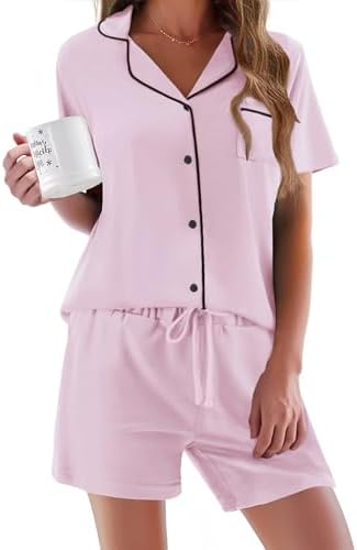 Ekouaer Pajamas Set for Women Short Sleeve Sleepwear Button Down Pj XS-XXXL | Summer 2 Piece Lounge Set, Soft Fabric, Drawstring Waistband, for Bridesmaid Bride Party, Plus Size, Petite, Cute Pattern