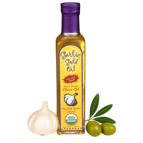 Garlic Gold Extra Virgin Olive Oil Infused with Garlic, Premium Certified USDA Organic, Low FODMAP, Cold Pressed (250 mL, 6 Pack) | 8.44 Fl Oz - 250 ml (6 Pack), First Cold Pressed, Hand Crafted, Artisanal, USDA Organic, Low FODMAP, Gluten Free