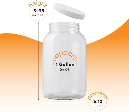 1 Gallon Glass Jar with Lid | Wide Mouth Container for Fermentation | Heavy-duty Large Glass Jar with Lid for kombucha, pickling and food storage | Glass Jars with Airtight Lid design