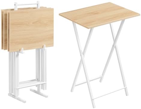 HOOBRO Folding TV Tray Tables, Set of 4 TV Trays with Storage Rack, Industrial Side Table for Eating at Couch, Foldable Snack Table for Small Space