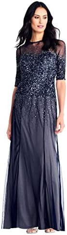 Adrianna Papell Women's Beaded Illusion Dress | Long Sequin Evening Dress with Fitted Bodice & Tulle Skirt Overlay
